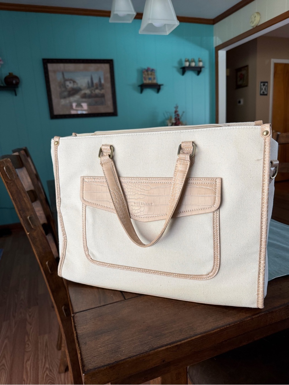 Cream & Tan Structured Canvas Tote Bag